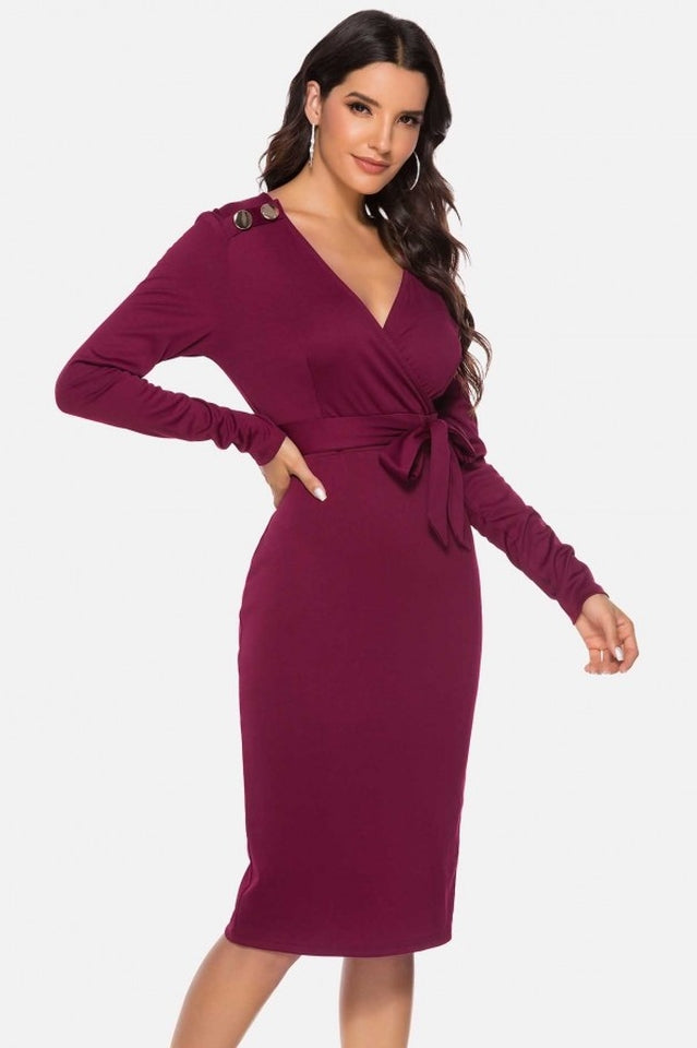 V Neck Wrap Tied Waist Slit Dress