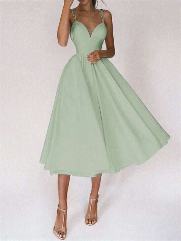 inostorâ„?A-Line Ruffles V-neck Sleeveless Satin Tea-Length Dress