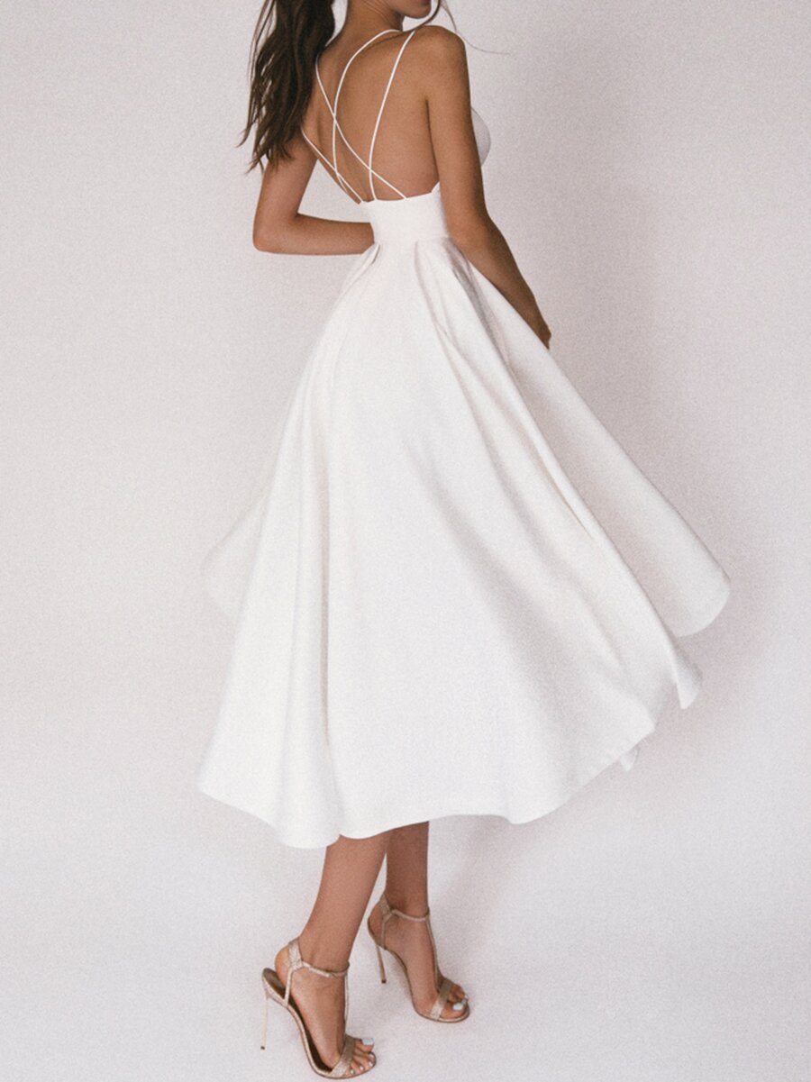 inostorâ„?A-Line Ruffles V-neck Sleeveless Satin Tea-Length Dress