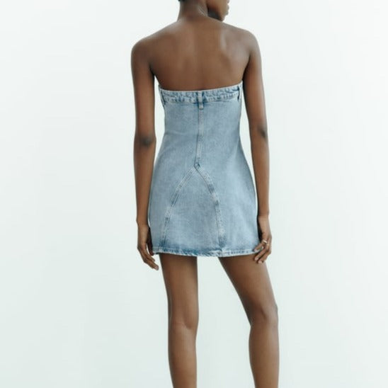 Ice blue Blue Washed jeans Denim Strapless Tube Dress