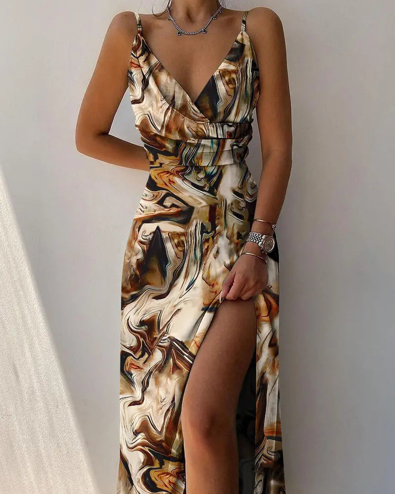 inostorâ„?Printed Backless Sleeveless Sexy Suspenders Big Swing Casual Party Wedding Guest Dress