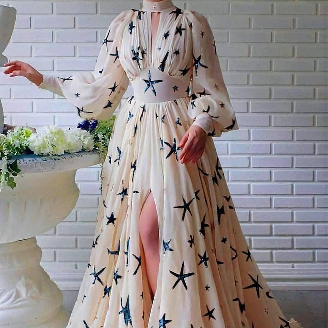 inostorâ„?Star Sequin Lantern Sleeve Chiffon Slit Dress