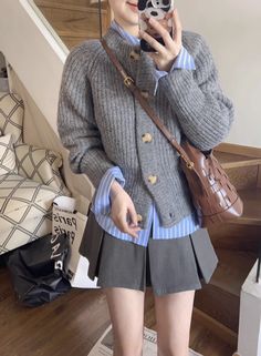 Grey Ribbed Knit Cardigan Round Neck Button Sweater Knitwear