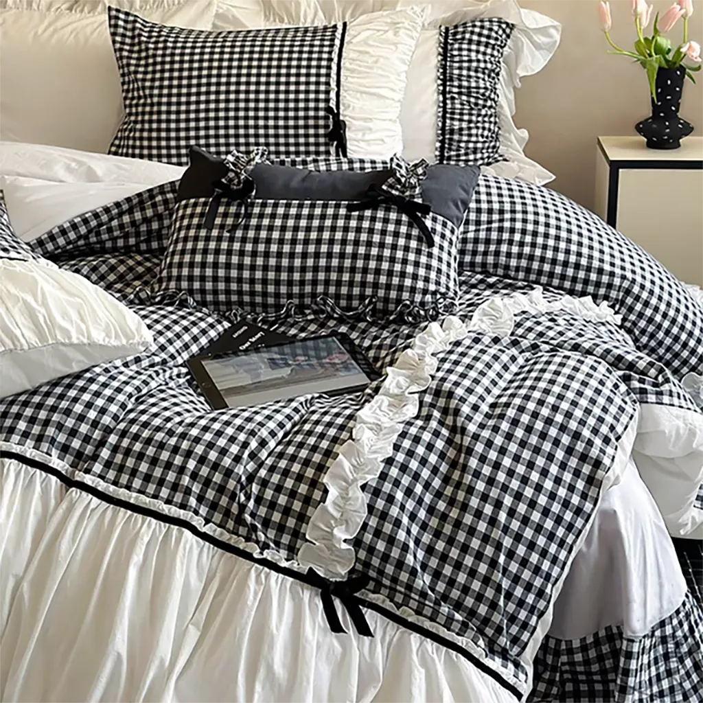 Beige Gingham with Bow Ruched Bedding Set