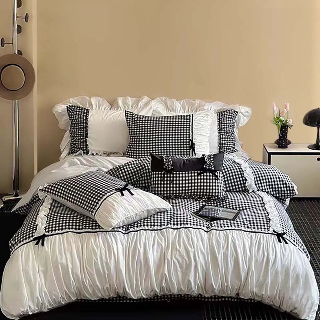 Beige Gingham with Bow Ruched Bedding Set