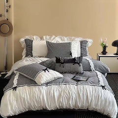 Beige Gingham with Bow Ruched Bedding Set
