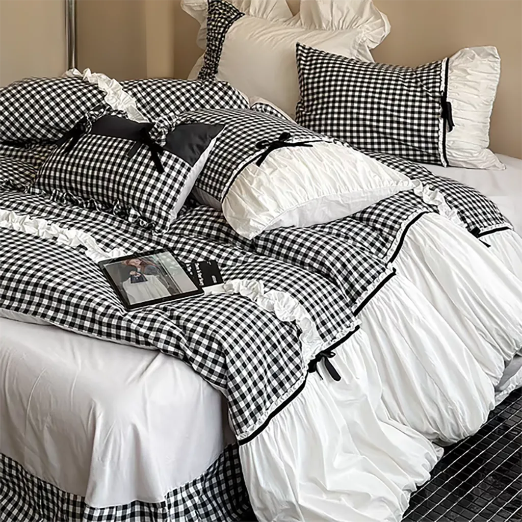 Beige Gingham with Bow Ruched Bedding Set