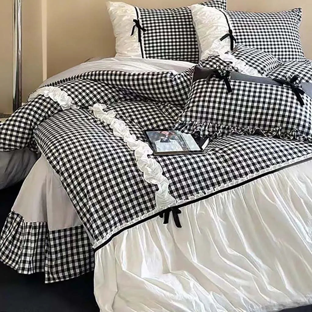 Beige Gingham with Bow Ruched Bedding Set
