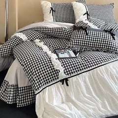 Beige Gingham with Bow Ruched Bedding Set