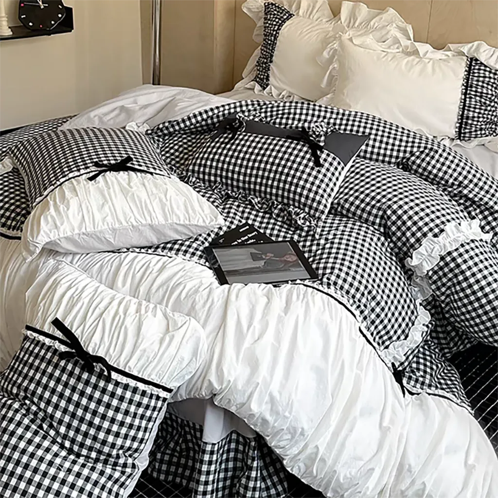 Beige Gingham with Bow Ruched Bedding Set