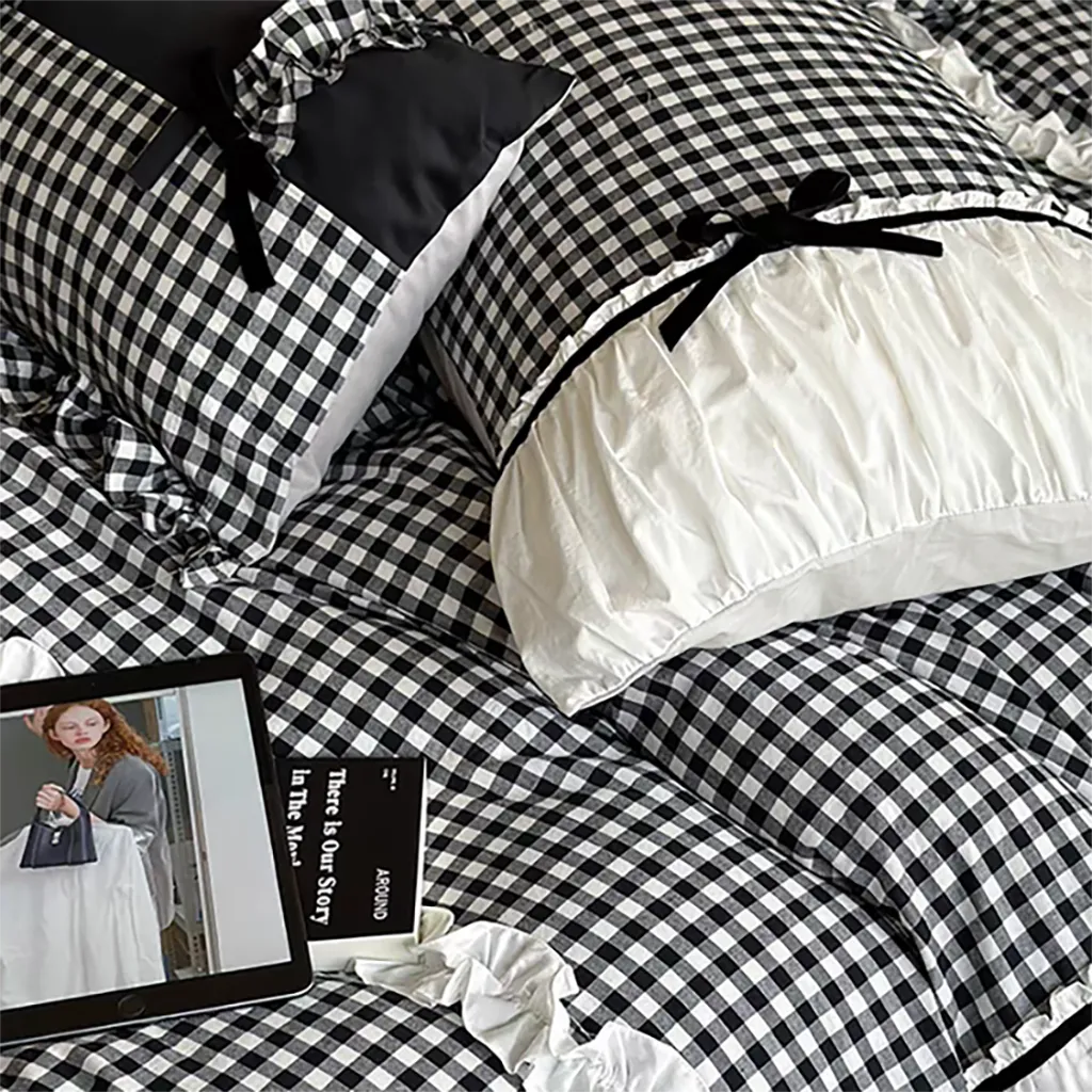 Beige Gingham with Bow Ruched Bedding Set