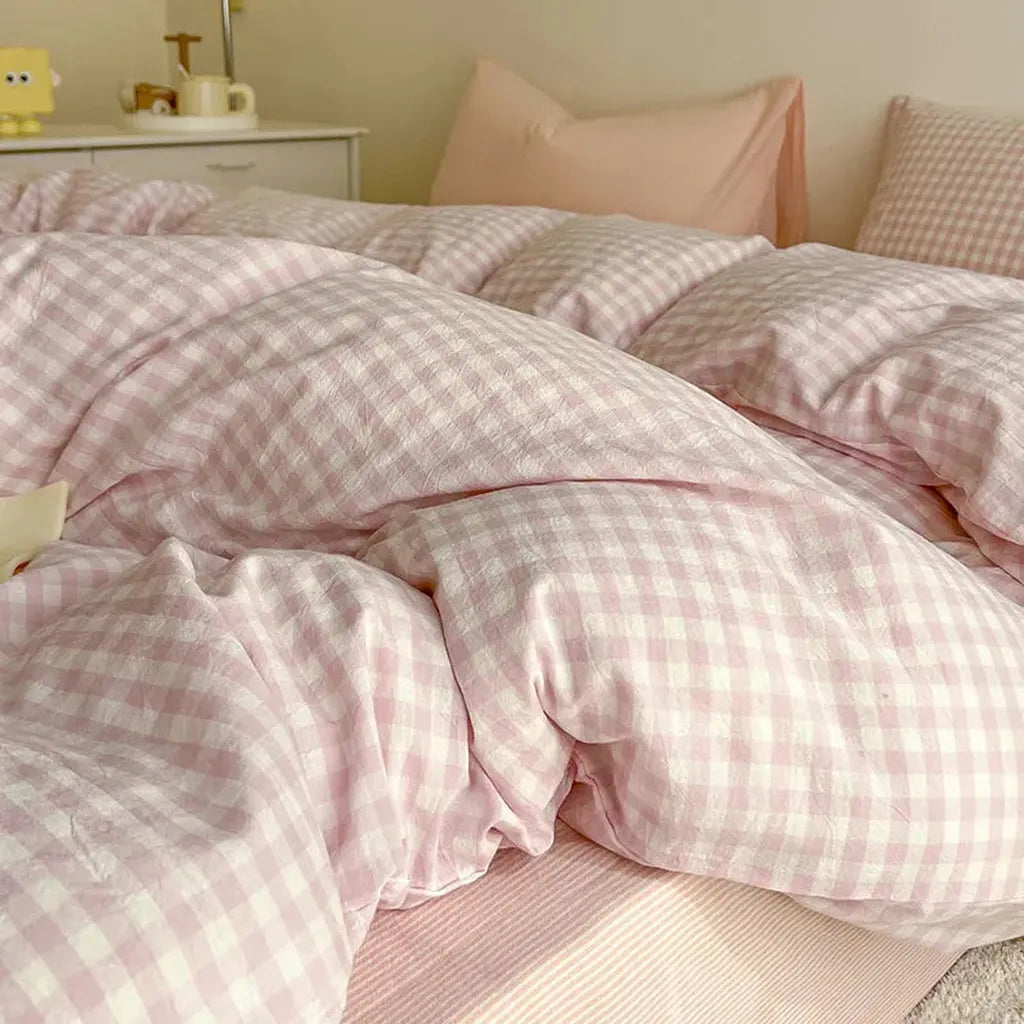 Cotton Small Gingham Bedding Set - Blue