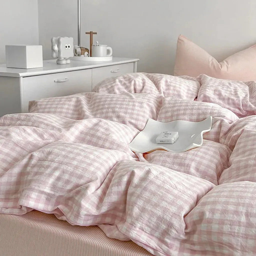 Cotton Small Gingham Bedding Set - Blue