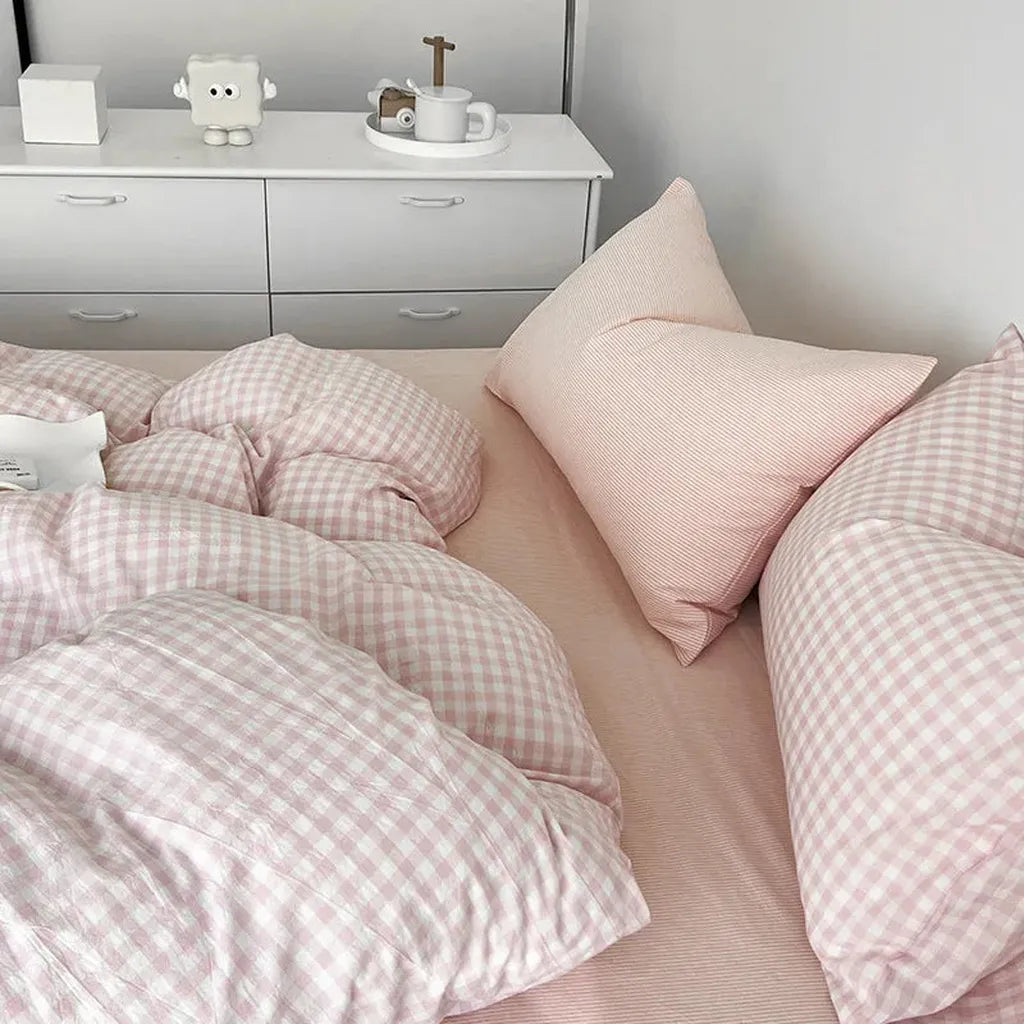 Cotton Small Gingham Bedding Set - Blue