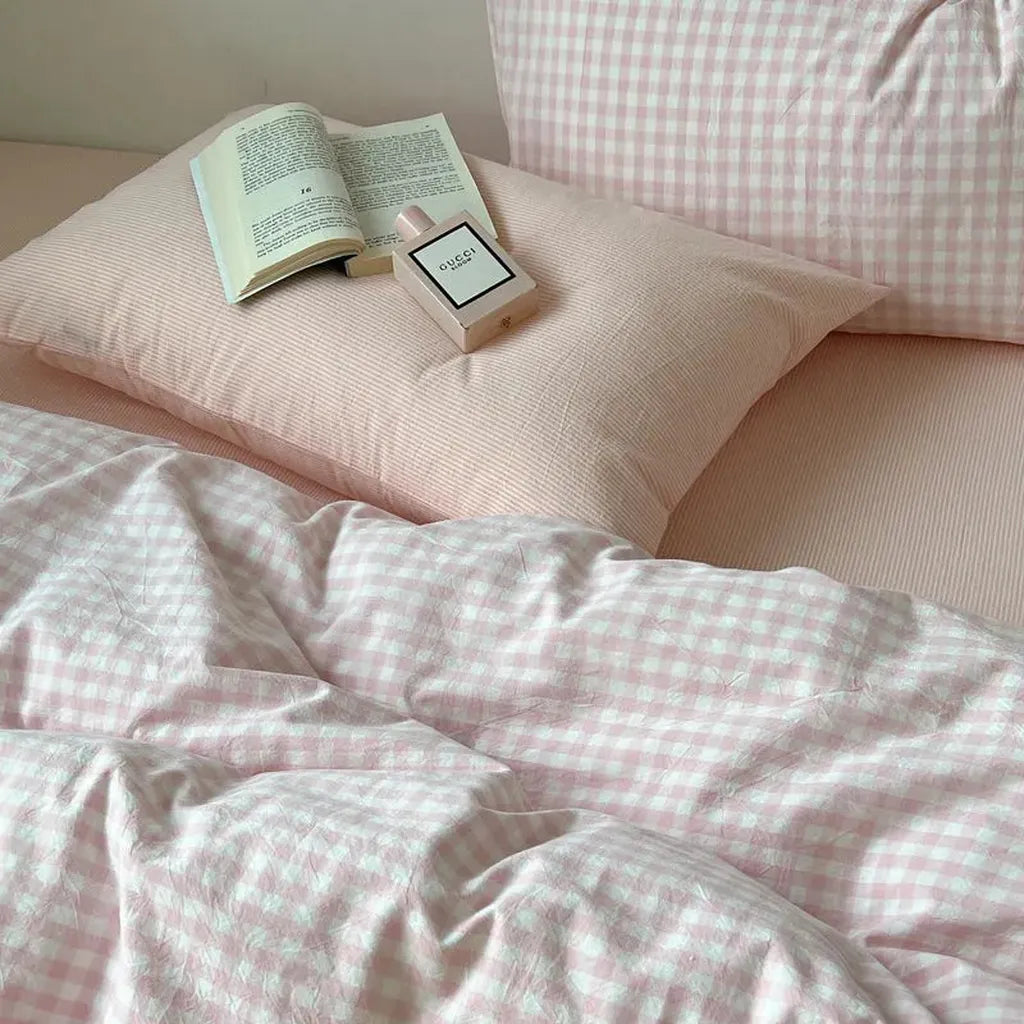 Cotton Small Gingham Bedding Set - Blue