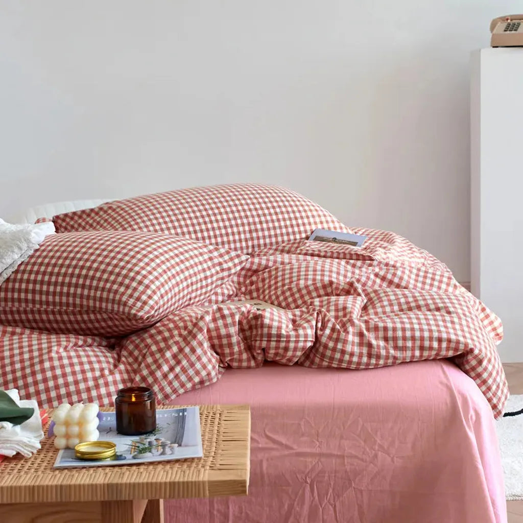 Cotton Small Gingham Bedding Set - Blue