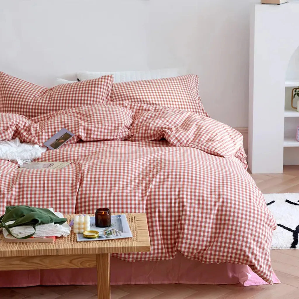 Cotton Small Gingham Bedding Set - Blue