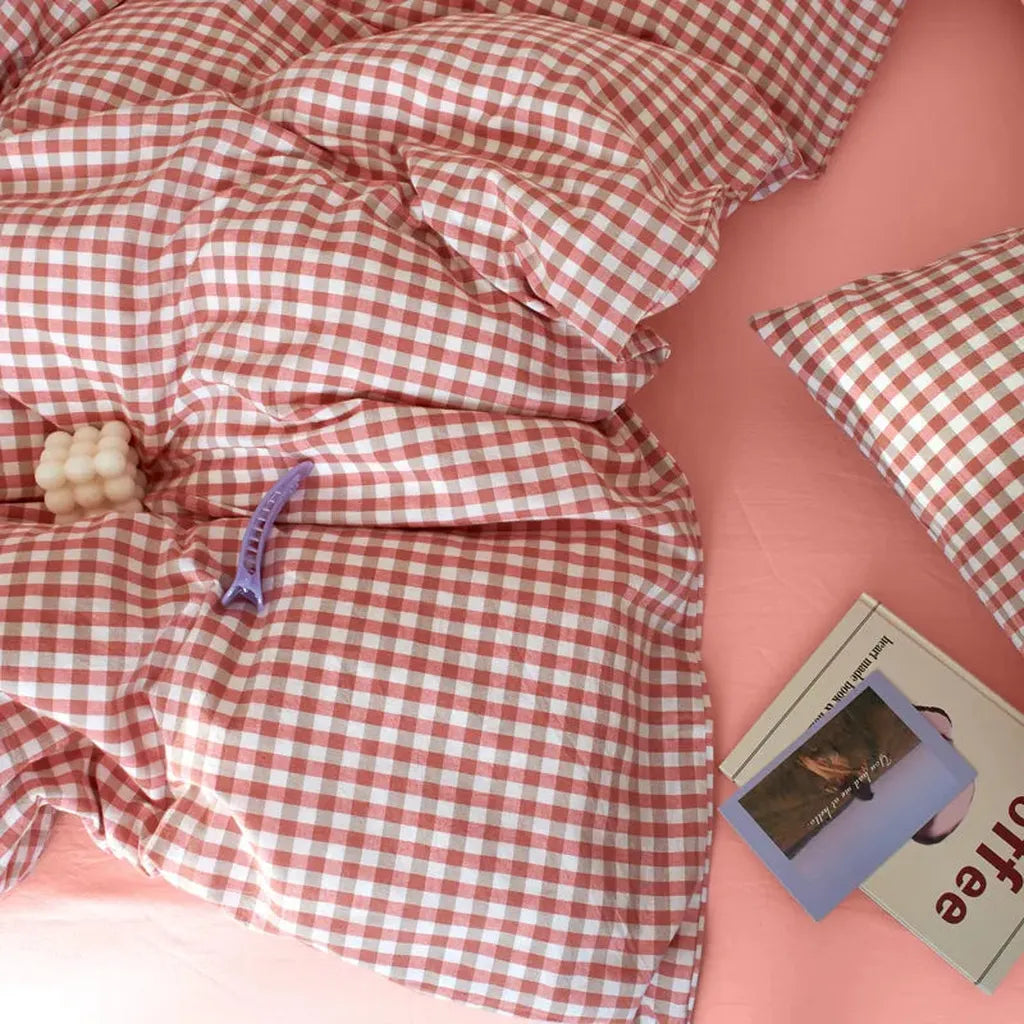 Cotton Small Gingham Bedding Set - Blue
