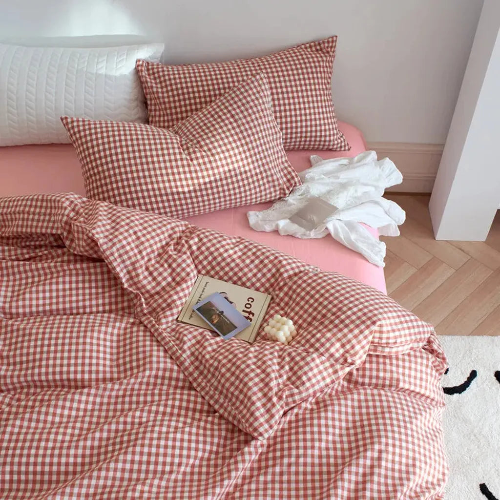 Cotton Small Gingham Bedding Set - Blue