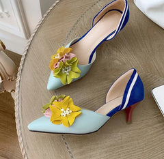 Pointed Toe Flowers Stilettos Lady Mid Heel Shoes