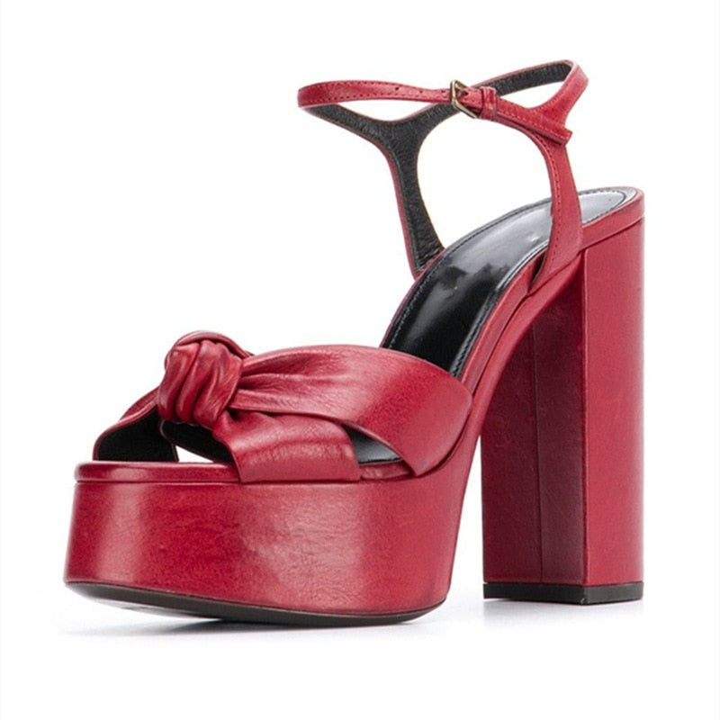 Red Leather High Heel Platform Sandals With a Bow knot