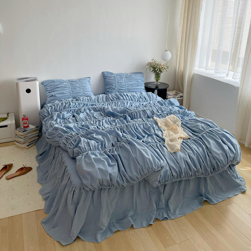 Ins Style Korean Simple Quilt Cover Design Handmade Bubble Fold Pure Cotton 4-Piece Set Princess Style Bedding Home Textile