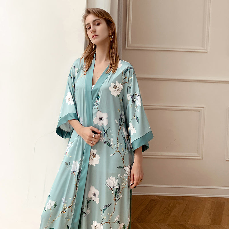 Frosty Green Mint Light Luxury Silky Satin Kimono Robe