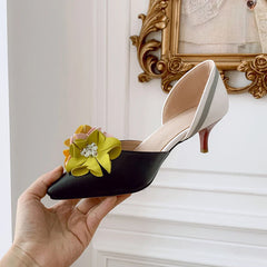Pointed Toe Flowers Stilettos Lady Mid Heel Shoes