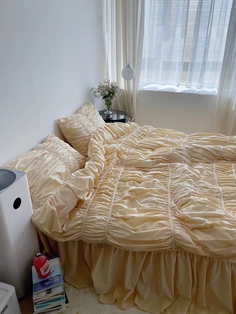 Ins Style Korean Simple Quilt Cover Design Handmade Bubble Fold Pure Cotton 4-Piece Set Princess Style Bedding Home Textile