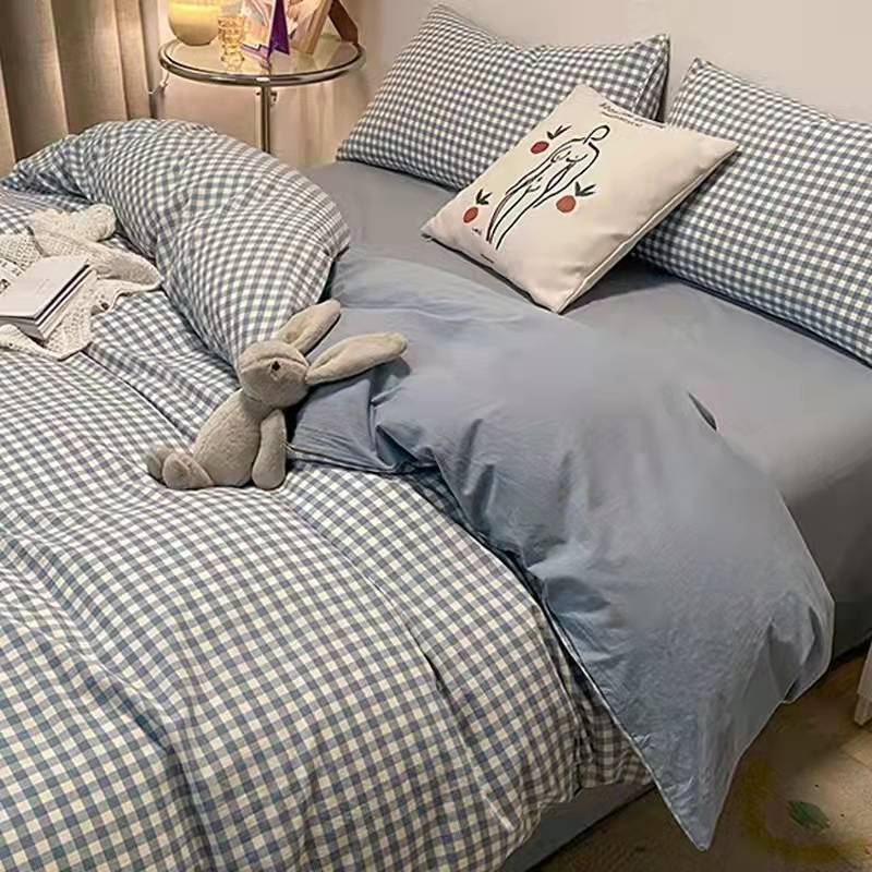 Fashion Bedding Set White Green Double Bed Linens Nordic Duvet Cover Pillowcase Queen Size Flat Sheet Classic Grid Kids Winter