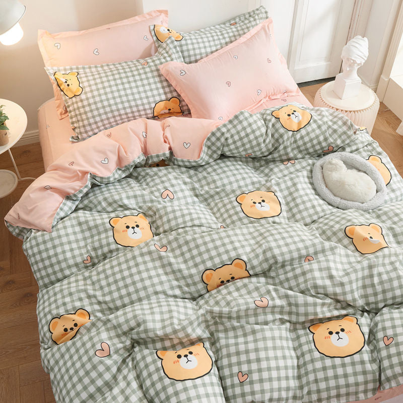 Fashion Bedding Set White Green Double Bed Linens Nordic Duvet Cover Pillowcase Queen Size Flat Sheet Classic Grid Kids Winter