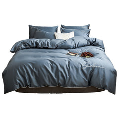 Four-piece bedding simple cotton double household bed sheet quilt cover embroidered piping comfortable bedding blue color
