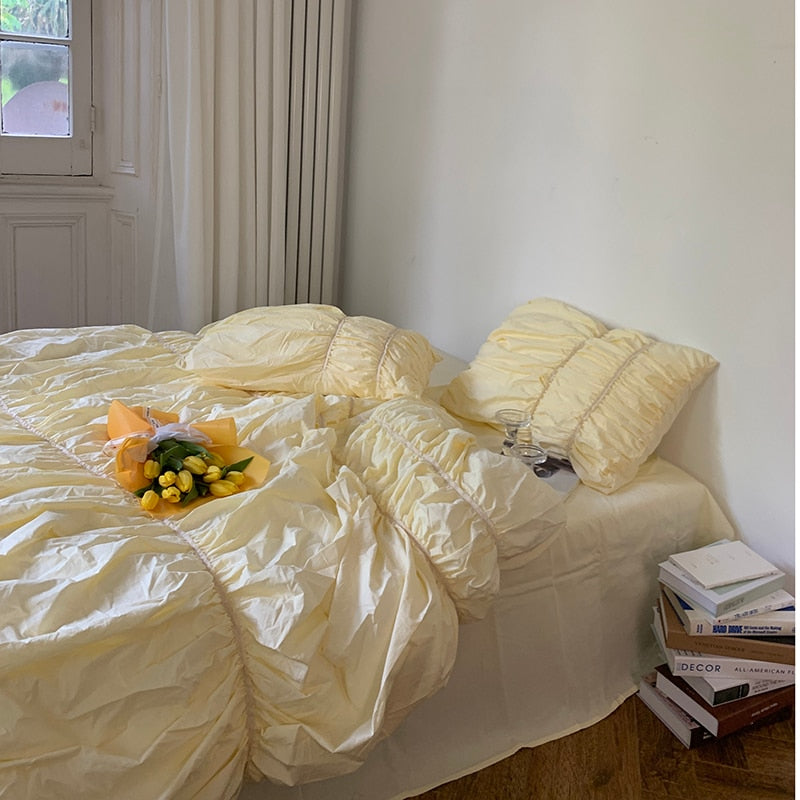 Literary Fold Bubble Bedding Set 40S Washed Cotton Soft Double Size Adult Kid Bed Sheet Set Pillowcase Duvet Cover Set 4pcs
