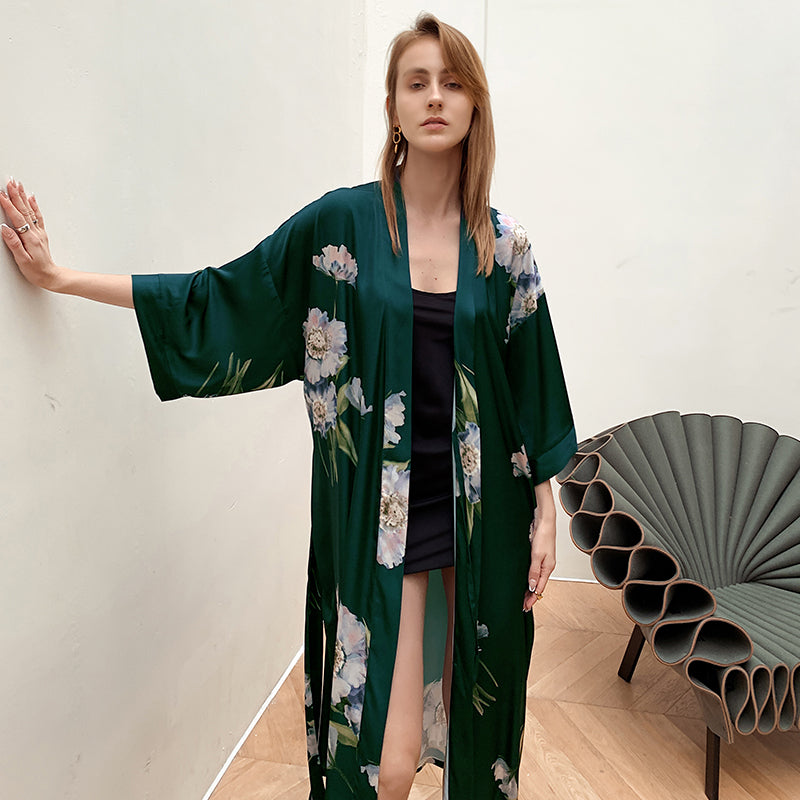 Green Light Luxury Silky Satin Kimono Robe