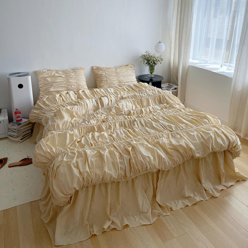Ins Style Korean Simple Quilt Cover Design Handmade Bubble Fold Pure Cotton 4-Piece Set Princess Style Bedding Home Textile