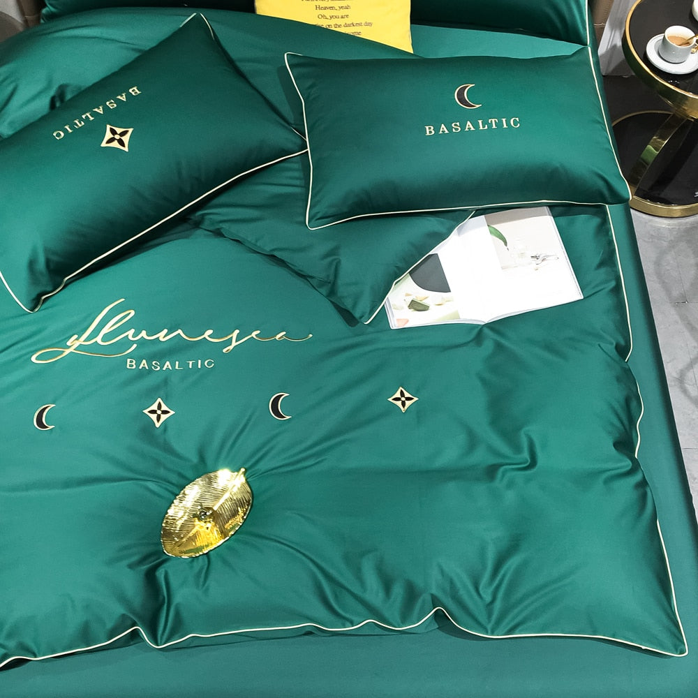 Four-piece bedding light luxury cotton double household bed sheet quilt cover embroidered little bee fashion bedding green