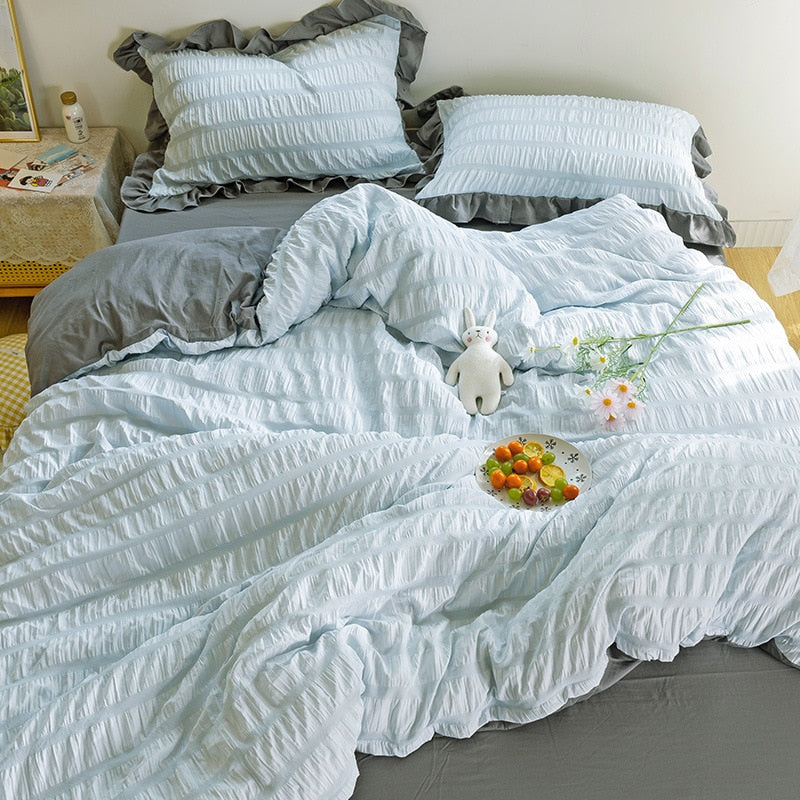 Simple Solid Binding Bedding Set White Blue Queen King 220x240 Size Duvet Cover Set 200x230 Bed Quilt Cover Bedclothes For Home
