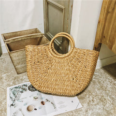 Tan Circle Handle Straw Beach Bag