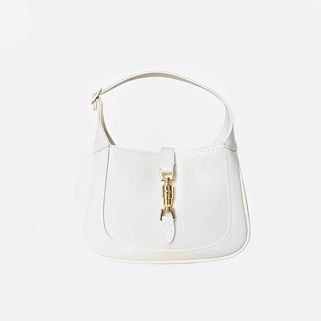 White Classic Curved Leather Handbag with Signature Buckle Closure