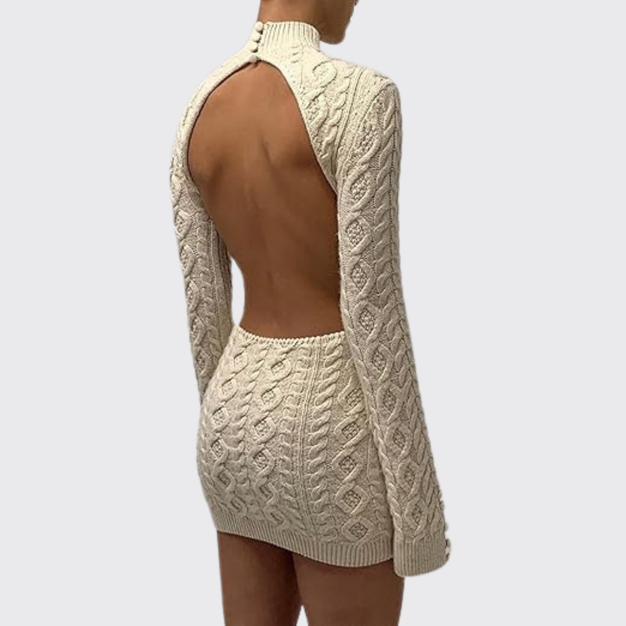 Beige Open Back Knit Mini Turtleneck Dress