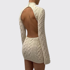 Beige Open Back Knit Mini Turtleneck Dress