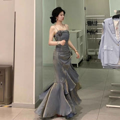 Metallic Asymmetric Tiered Ruffle Rosette Dress