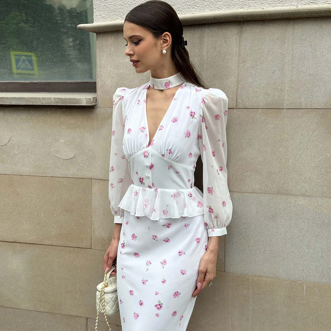 Deep V halterneck mesh print dress