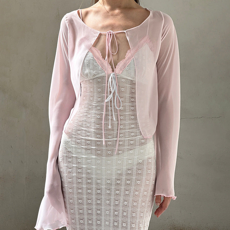 Pure lace V-neck backless bow suspender dress