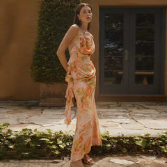 Printed Halter Neck Tie Mesh V-Neck Dress