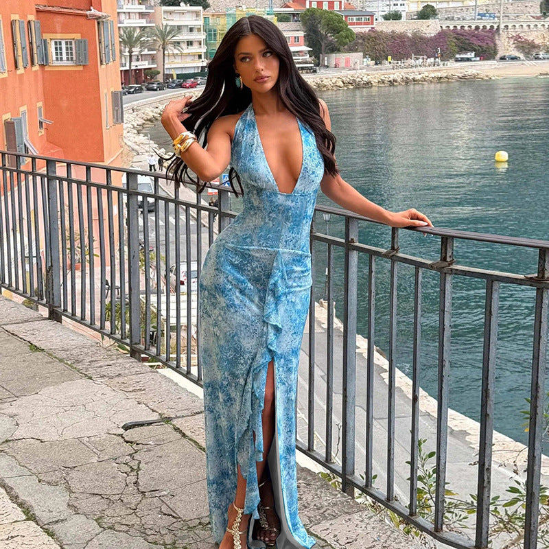 Contrast Color Slit Halter Neck Tie Slit Dress