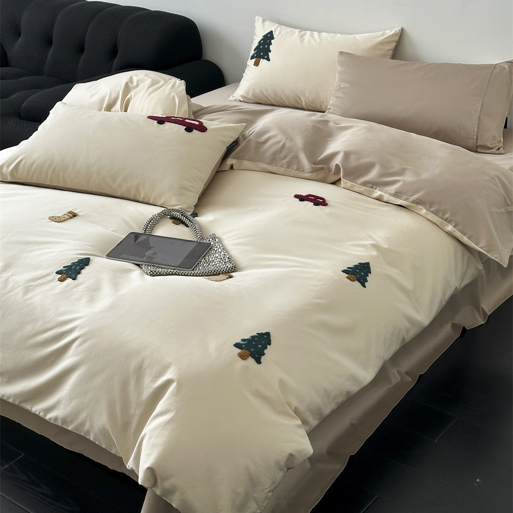 INS Style Pure Cotton 100 Long-Staple Cotton Four-Piece Set Small Forest Towel Embroidered Quilt Cover Pure Cotton 1.8 M Bedding Set