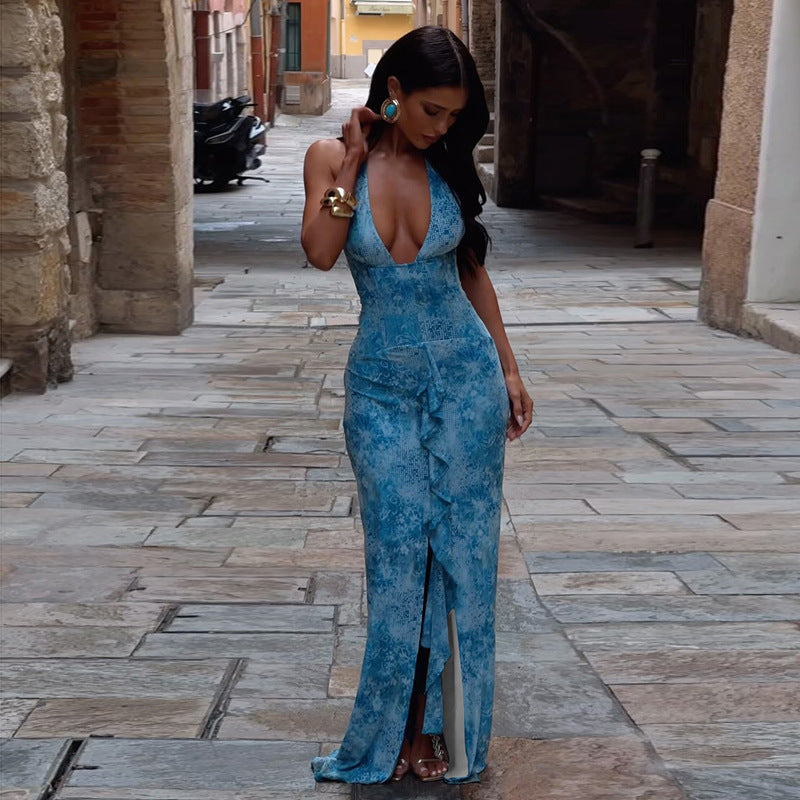 Contrast Color Slit Halter Neck Tie Slit Dress