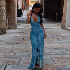Contrast Color Slit Halter Neck Tie Slit Dress