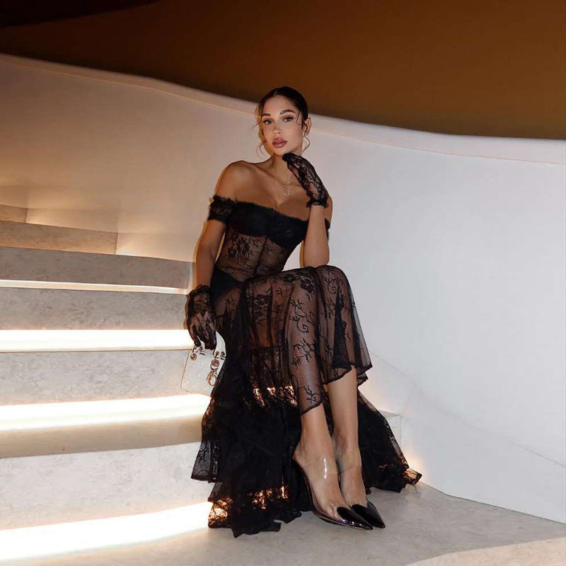 Lace See-Through One-Shoulder Slim Dress